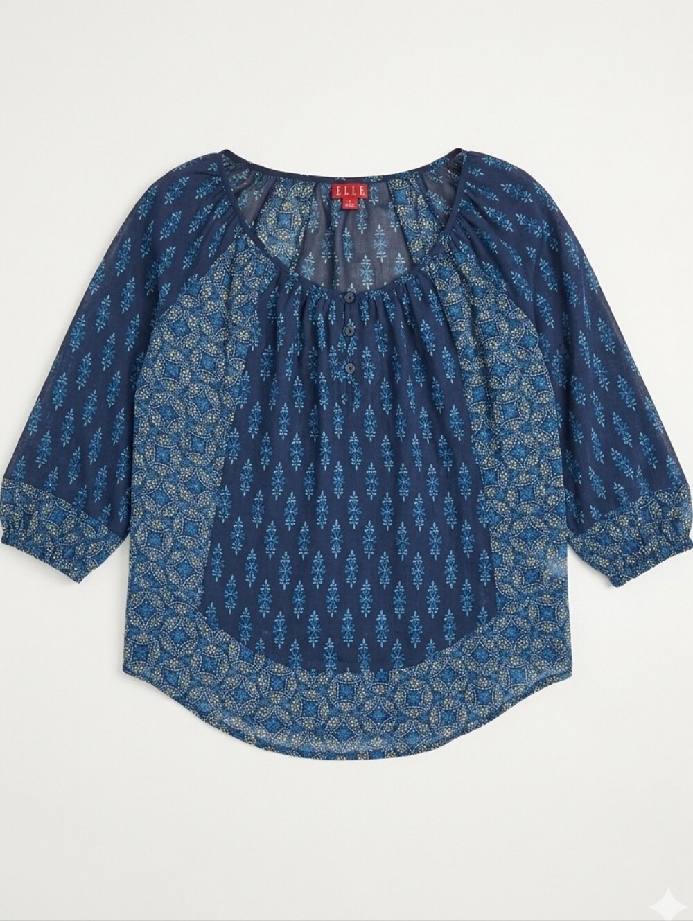 💜Elle Blue Floral Popover Boho 3/4 Sleeve Top XSmall
